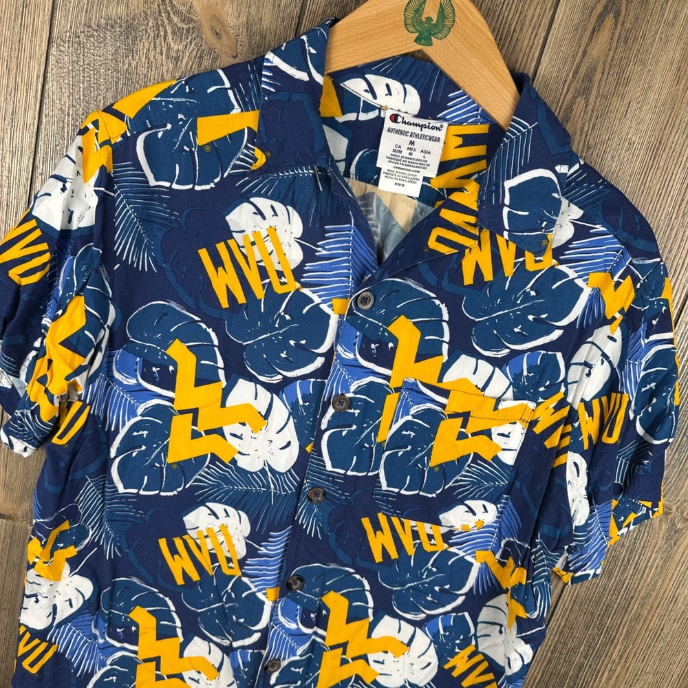 Champion WVU West Virginia Mens Aloha Hawaiian Tropical Button Up Shirt Medium